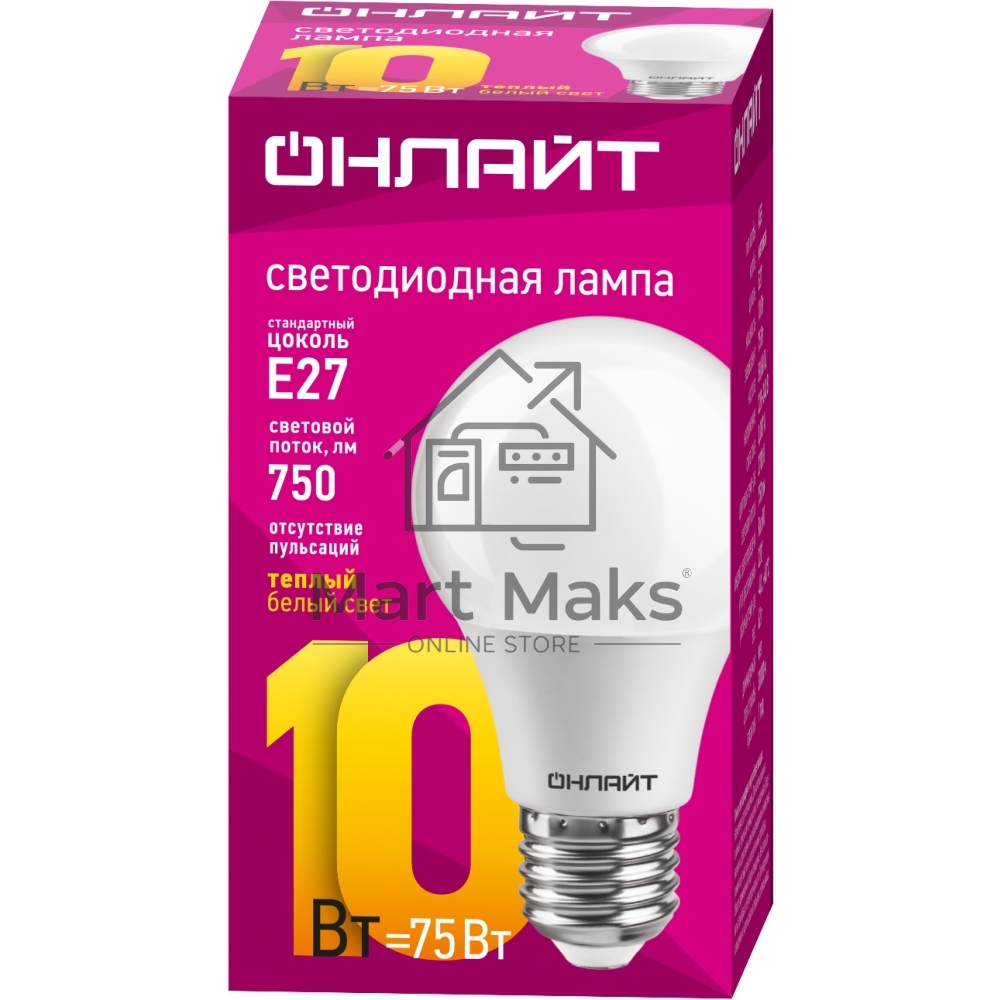 Лампа светодиодная ОНЛАЙТ 71649 OLL-A60-10-230-2.7K-E27 10Вт грушевидная 2700К тепл. бел. E27 750лм 176-264В