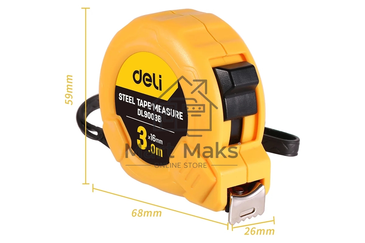 Рулетка Deli DL9003B 3м*16мм Метрическая. Корпус ударопрочный.