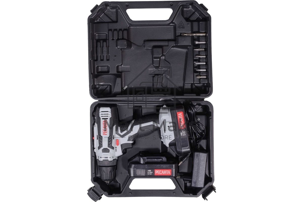Дрель-шуруповерт аккумуляторная Ресанта ДА-18-2ЛК 75/14/5, Аккумуляторная, 18В, 2 АКБ, Кейс