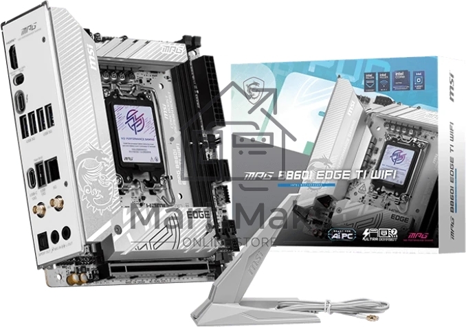 Материнская плата MSI MPG B860I EDGE TI WIFI, LGA 1851, Intel B860, 2xDDR5 (до 128 ГБ), 2xSATA, 2xM.2 (1xPCIe 5.0, 1xPCIe 4.0/SATA), 1xPCIe 5.0 x16, 1xHDMI, 1x5Gb LAN, Wi-Fi 7, Bluetooth 5.4, 1xUSB-C 40Gbps (Thunderbolt 4), 1xUSB-C 10Gbps, 1xUSB-A 10Gbps, 4xUSB-A 5Gbps, 2xUSB-A 2.0, 3x3.5 мм + S/PDIF оптический, 7.1, белый/серебристый, Mini-ITX