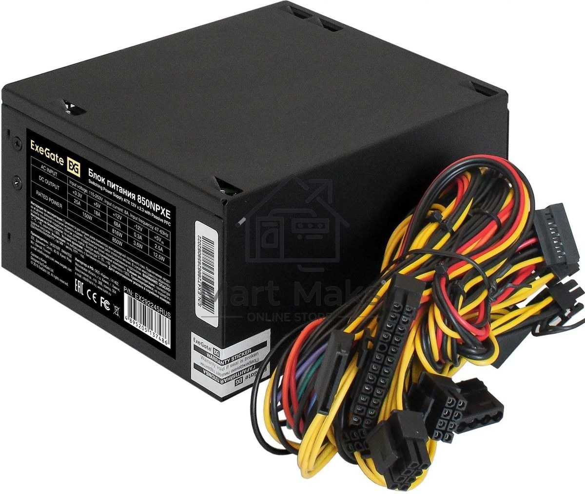 Блок питания ExeGate 850NPXE (EX292245RUS-S), 850Вт, (ATX, PPFC, SC, 12cm fan, 24pin, 2x(4+4)pin, 2xPCI-E, 5xSATA, 3xIDE, black, кабель 220V 1,8м с защитой от выдергивания)