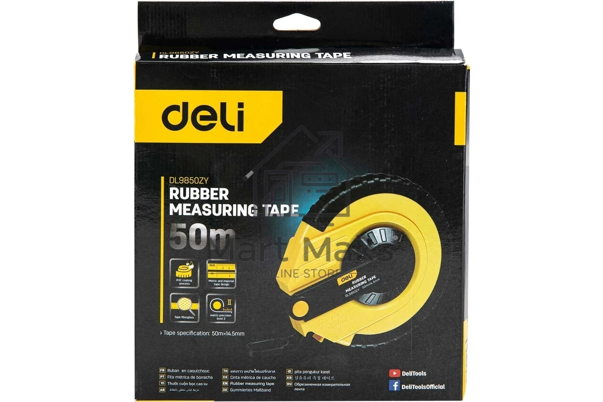 Мерная лента Deli DL9850ZY 50м x 14.5мм Ударопрочный корпус. Основной класс точности. Метрическое полотно из стекловолокна и ПВХ.