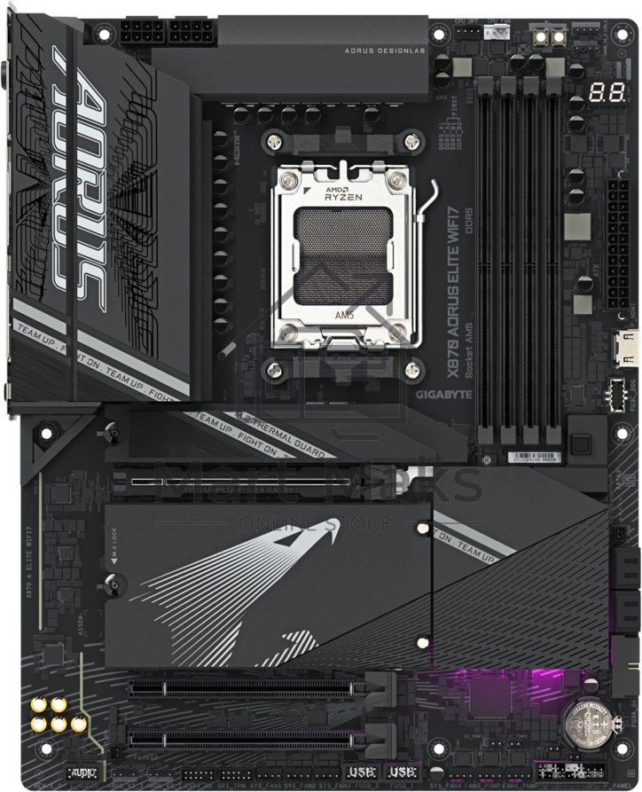 Материнская плата Gigabyte X870 AORUS ELITE WIFI7, AM5, AMD X870, 4xDDR5, 4xSATA, 4xM.2, 1xPCI-E 5.0 x16, 1xPCI-E 4.0 x4, 1xPCI-E 3.0 x2, 1xHDMI, 1x 2.5Gb LAN, 4xUSB-A 3.2 Gen 1, 2xUSB-A 3.2 Gen 2, 4xUSB-A 2.0, 2xUSB-C 4.0, 2x3.5 мм, 7.1, ATX