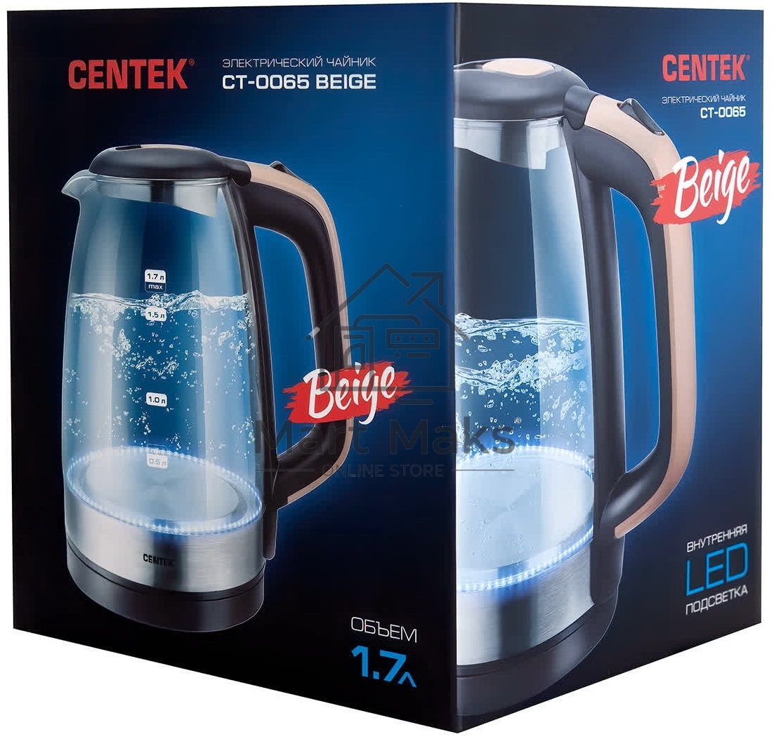 Чайник электрический Centek CT-0065 Beige стекло, 1.7 л 2200 Вт, LED-подсветка, мерная шкала, защита от вкл б/воды