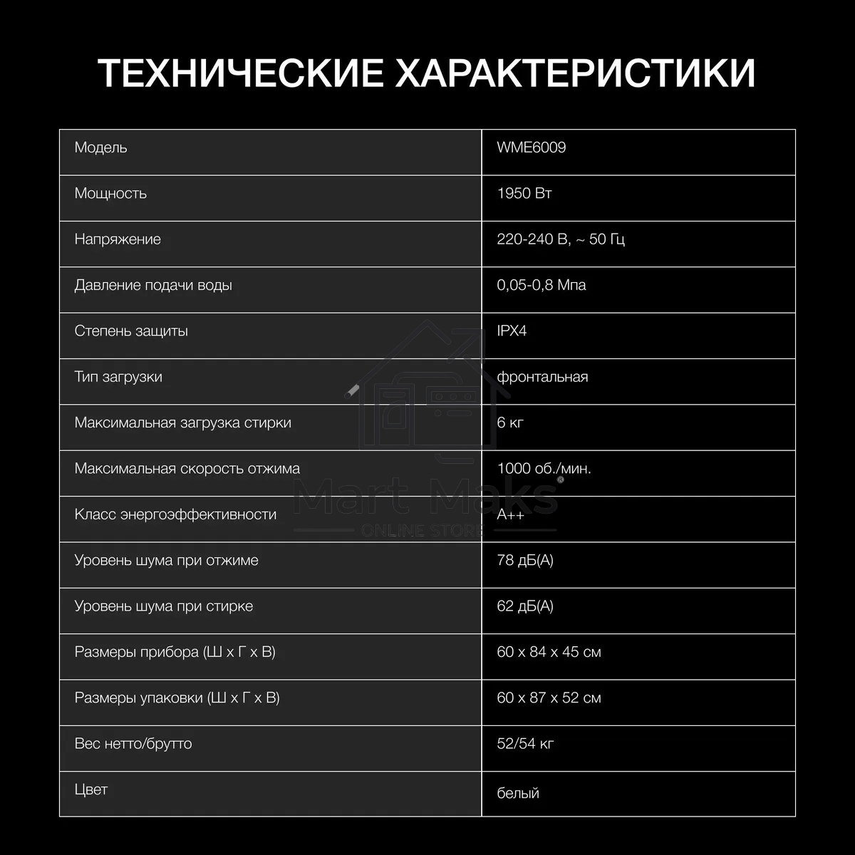 Стиральная машина Hyundai WME6009 белый, загр. фронтальная макс.: 6 кг 1000 об/мин класс: А++