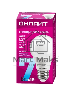 Лампа светодиодная ОНЛАЙТ 61139 OLL-A60-7-230-6.5K-E27 грушевидная