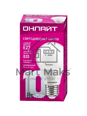 Лампа светодиодная ОНЛАЙТ 71650 OLL-A60-10-230-4K-E27 10 Вт грушевидная 4000К E27 820лм 176-264В белый