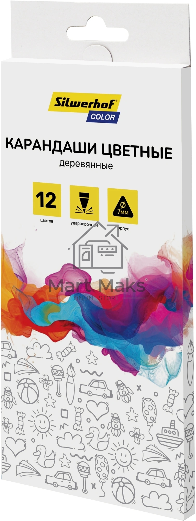 Карандаши цветные Silwerhof Color 2.65 мм, трехгранный профиль, дерево, ассорти, 12 цветов, коробка с европодвесом