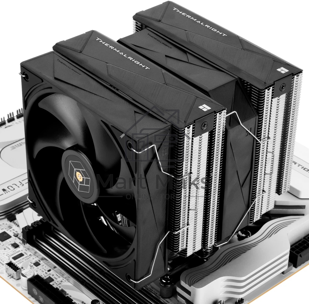 Кулер для процессора Thermalright Royal Pretor 130 (4-pin PWM, 158мм, Ni/Cu, 6x6мм, 1x120+1x130мм, 80.45CFM/81.88CFM, 29.4dBA/28.3dBA, 2150PM/1750RPM, S: 1200, 1700, 1851, 2011, 2066, 115X, AM4, AM5, silver, black)