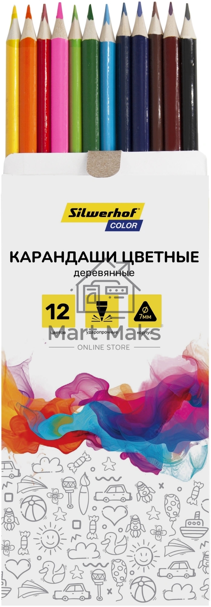 Карандаши цветные Silwerhof Color 2.65 мм, трехгранный профиль, дерево, ассорти, 12 цветов, коробка с европодвесом