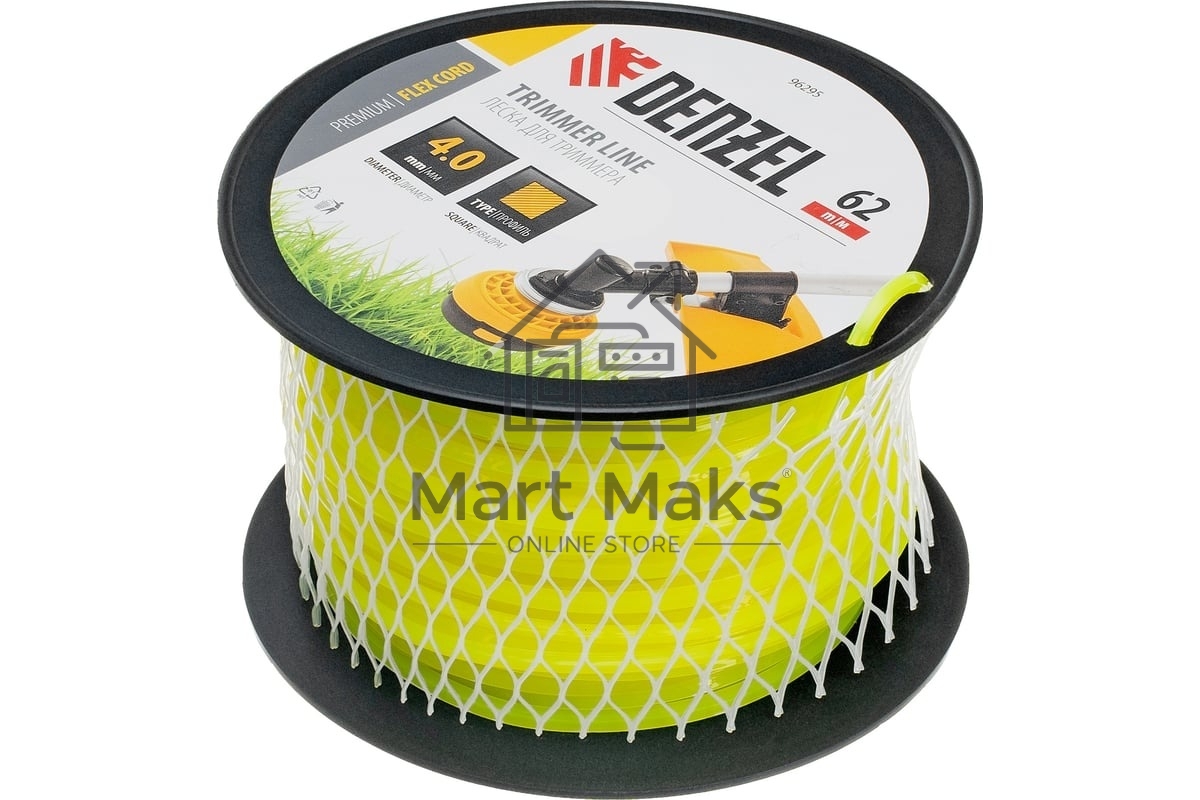 Леска для триммера Denzel квадрат, 4,0мм х 62м, на DIN катушке FLEX CORD