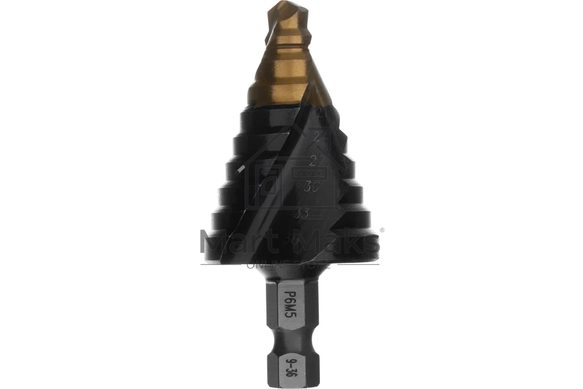 Сверло ступенчатое Denzel 9-12-15-18-21-24-27-30-33-36 мм, Р6М5, 6-гр. хвостовик 723605