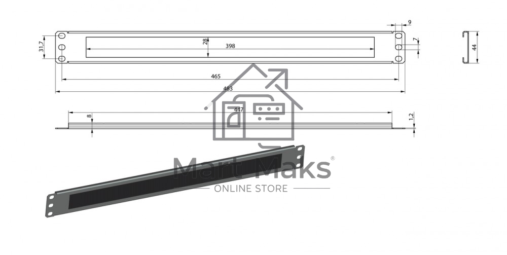 Фальш-панель на 1U Hyperline BPB19-1U-RAL9004 (BPB19-1U-RAL9005) с щеточным вводом,  черный (RAL 9004/RAL 9005)