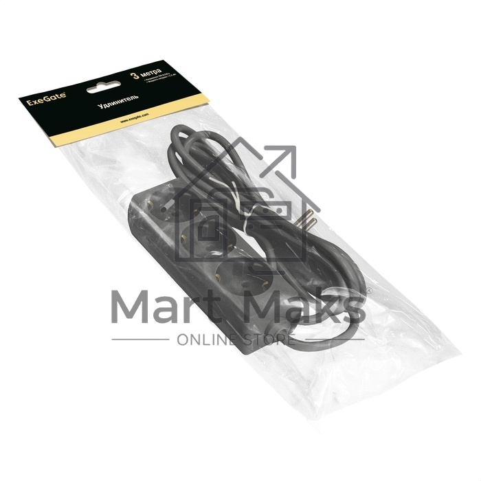 Удлинитель ExeGate ECE-3-3B (EX285804RUS ), черный, 3 м, евровилка с заземлением, 3 евророзетки с заземлением, 2200 Вт