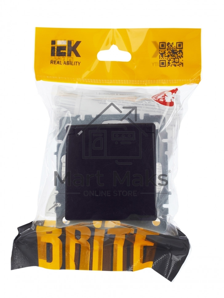 Розетка 1-местная IEK BRITE РСбш10-3-44-БрЧ с заземлением, с защитными шторками и крышкой, 16А, IP44, черный