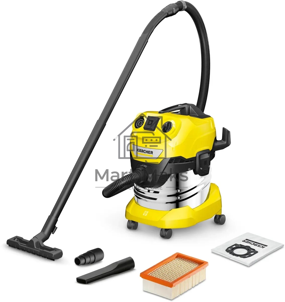 Строительный пылесос Karcher WD 4 P S V-20/5/22 желтый, 1000 Вт, уборка сухая/сбор воды/выдув, пылесборник мешок/контейнер, 20 л