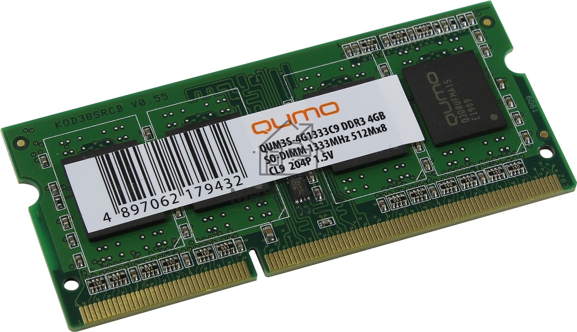 Оперативная память Qumo, DDR3, 4GB (1x4GB), 1333 MHz, CL9, без радиатора, SO-DIMM