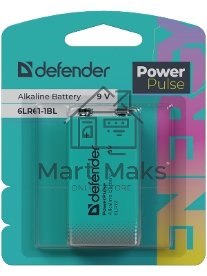 Батарейка алкалиновая Defender 6LR61-1BL (Крона) 9V, блистер, 1 шт., PowerPulse
