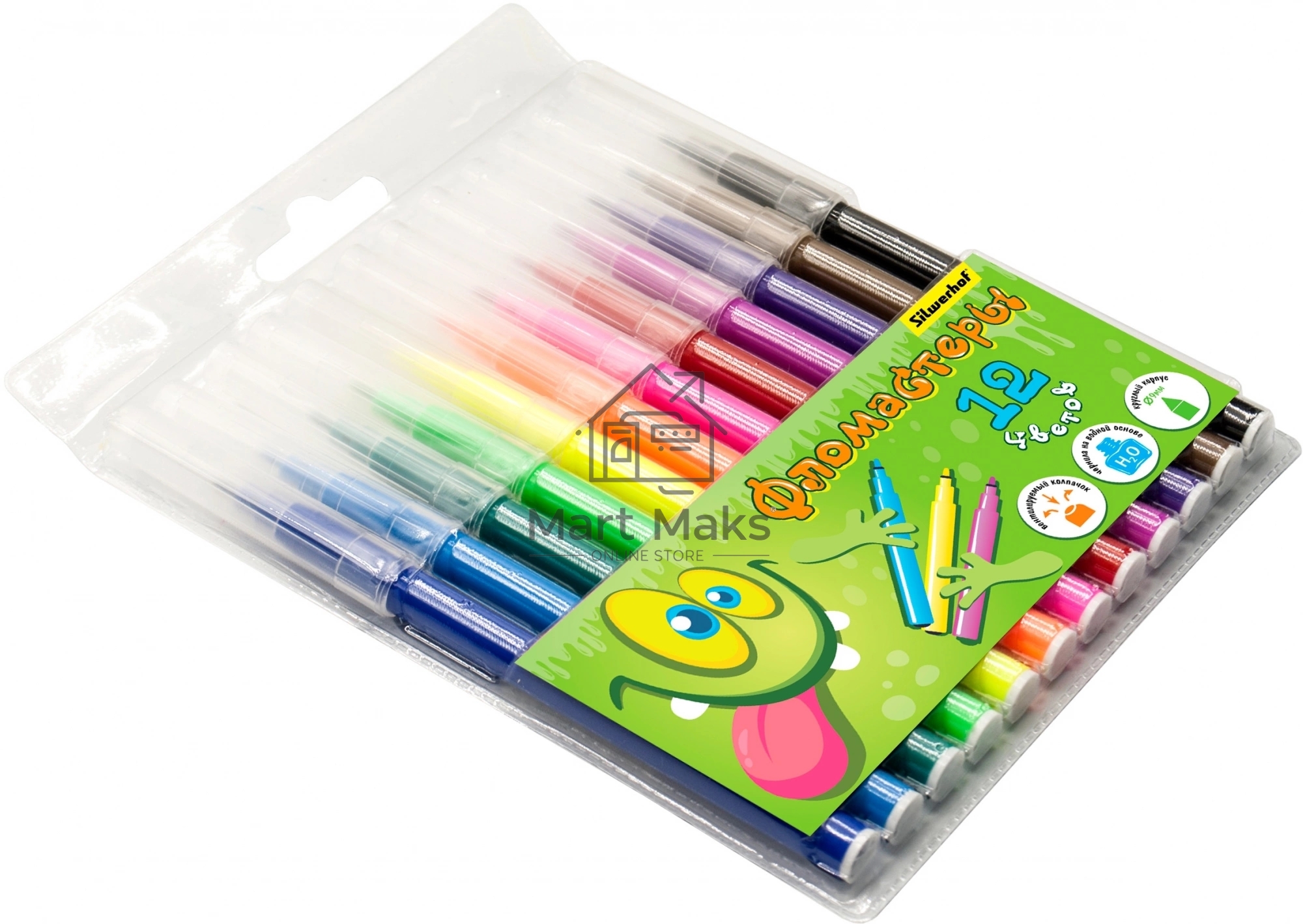 Фломастеры Silwerhof Монстрики 9мм 145мм круг. пулевидный пиш. наконечник Вентилируемый 12цв. пакет с европодвесом