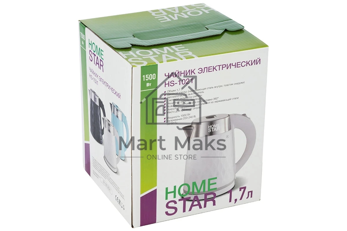 Чайник электрический HOMESTAR HS-1021, 1500Вт 1,7л, нержавейка+пластик, белый, двойной корпус