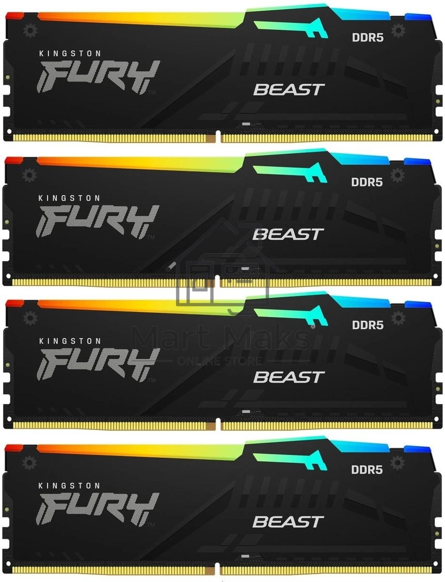 Оперативная память Kingston FURY Beast Black RGB, DDR5, 64GB (4x16 GB), 6000 MHz, CL40, радиатор, RGB, чёрный