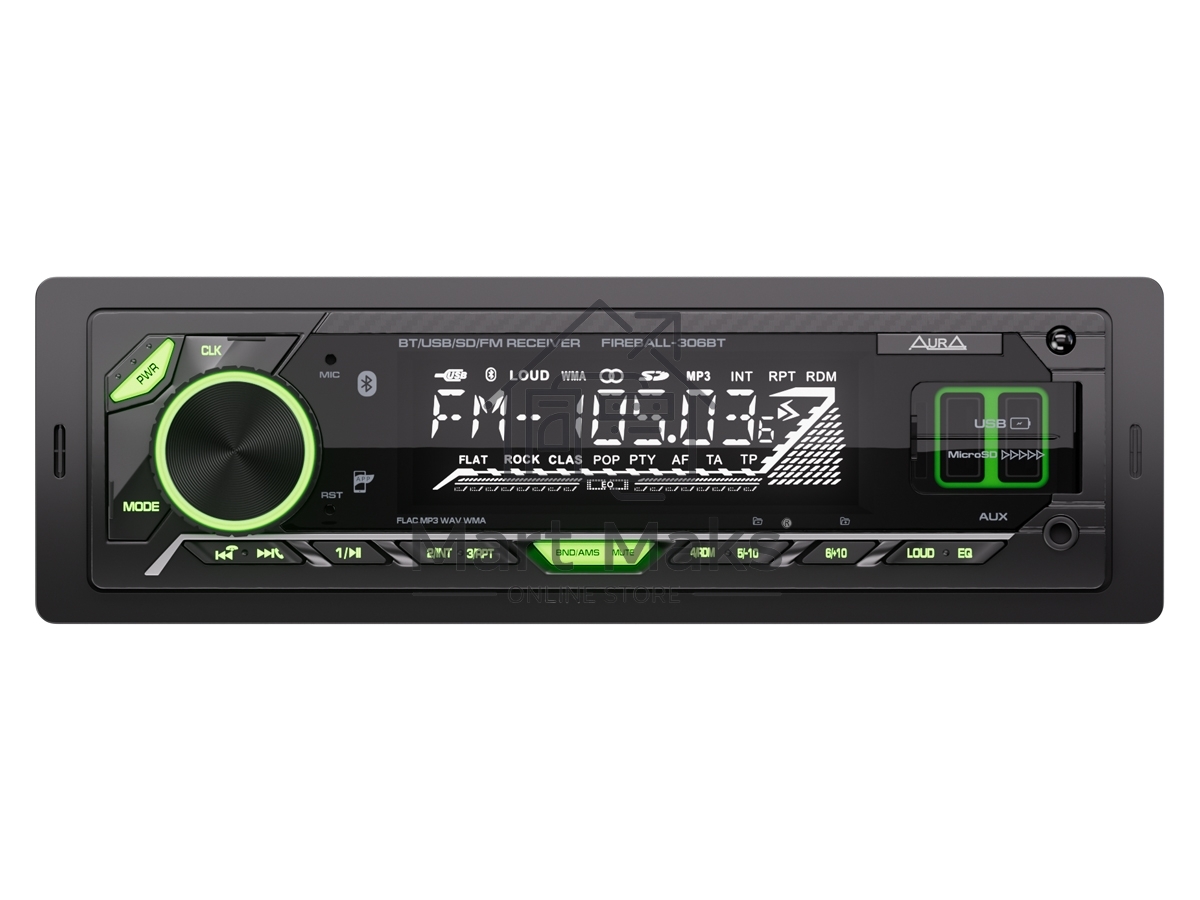 Автомагнитола AURA FIREBALL-306BT, 1 DIN, Bluetooth, USB Type-A, AUX