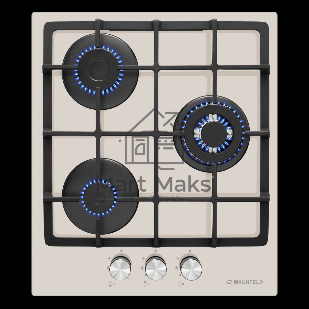 Газовая варочная панель Maunfeld EGHG.43.33CBG/G газ, ширина 45 см, 3 конфорки, WOK, чугунные решетки, газ-контроль, электроподжиг, бежевый