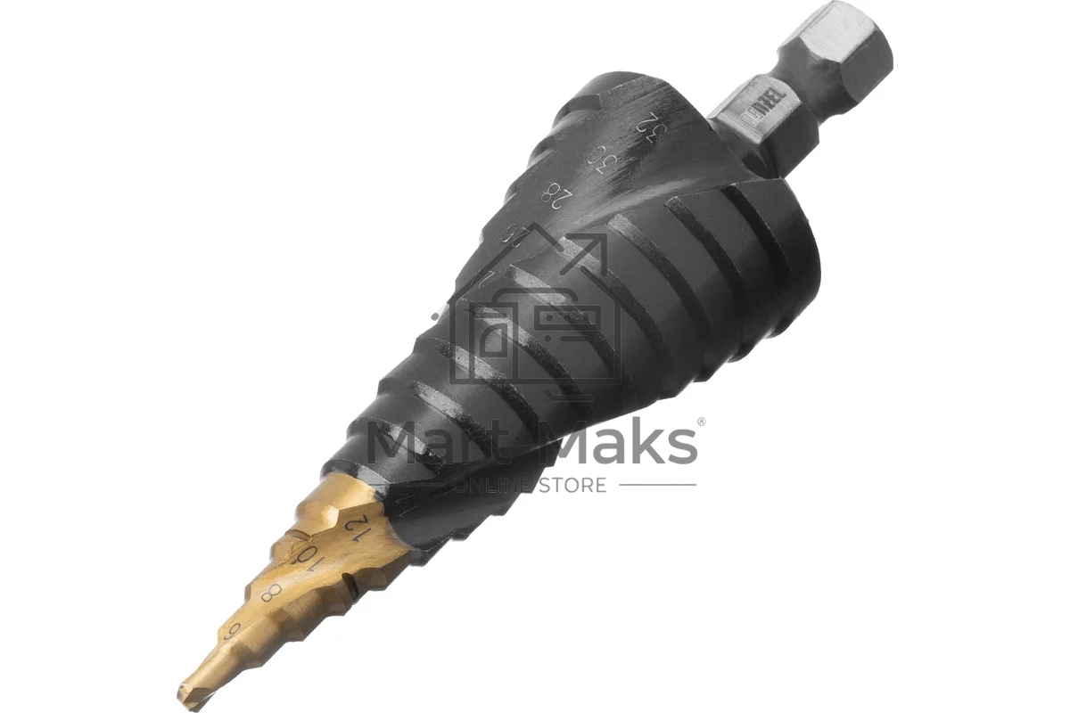 Сверло ступенчатое Denzel 4-6-8-10-12-14-16-18-20-22-24-26-28-30-32 мм, Р6М5, 6-гр. хвостовик 723606