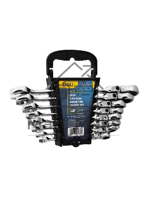 Набор комбинированных шарнирных ключей с трещоткой 8 шт Deli DL140208T Спецификация: 8,10,12,13,14,15,17,19мм. Сталь 40 Cr. Трещетка 50BV30 72Т.