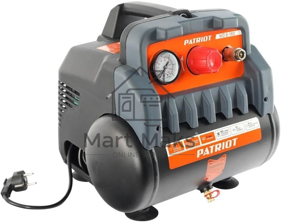 Компрессор поршневой Patriot WO 6-180 безмасляный 180л/мин 6л 1100Вт черный/оранжевый