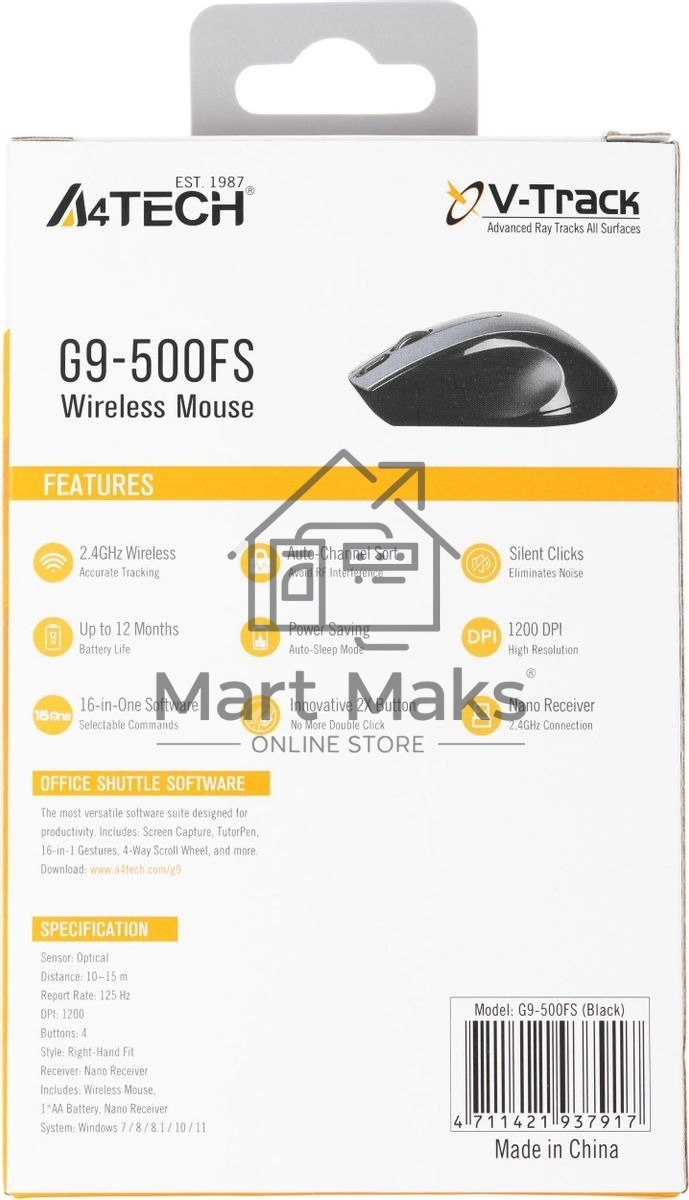 Мышь беспроводная A4Tech G9-500FS черный, 1200 dpi, радиоканал, USB, кнопки - 4
