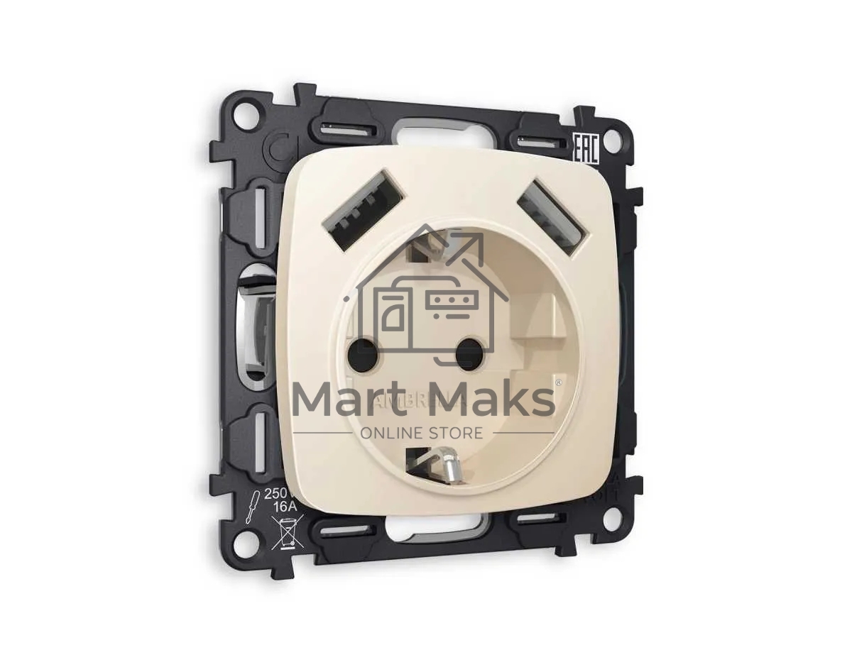 Комплект механизма электрической розетки OMEGA Бежевый матовый 2USB A+A 18W (быстрая зарядка) с/з QUANT (OP3290, VM155) MO329010