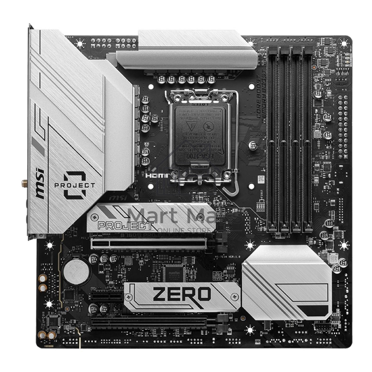 Материнская плата MSI B760M PROJECT ZERO, LGA 1700, Intel B760, 4xDDR5, 4xSATA, 2xM.2, 1xPCIe 5.0 x16, 1xPCIe 4.0 x4, 1xPCIe x1, 1xHDMI, 1xDP, 3xUSB 3.2 Gen 2, 4xUSB 2.0, 1xUSB 3.2 Gen 2x2, 1x 2.5Gb LAN, 5x3.5 мм, 7.1, mATX