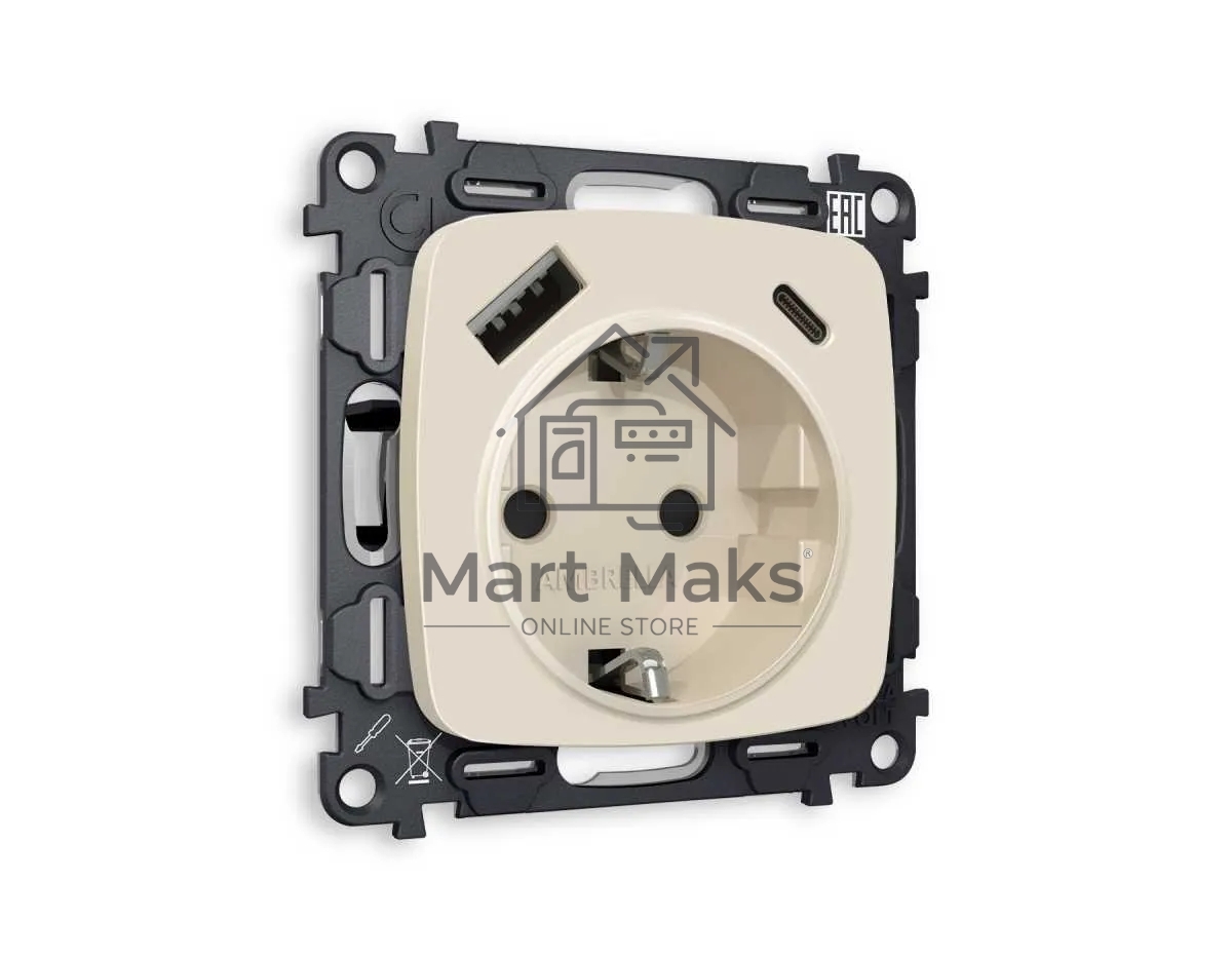 Комплект механизма электрической розетки OMEGA Бежевый матовый 2USB A+C 20W (быстрая зарядка) с/з QUANT (OP3300, VM160) MO330010