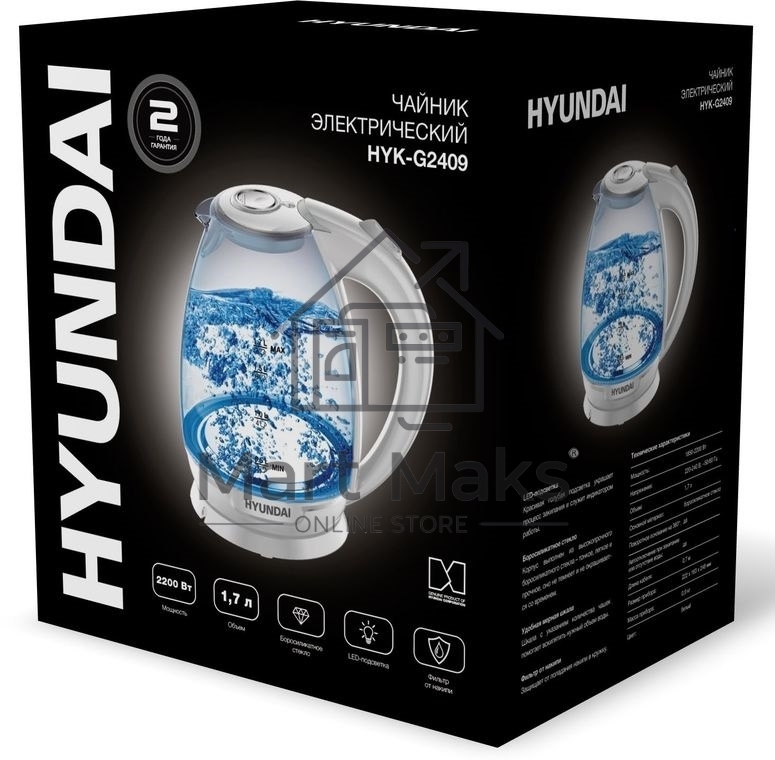 Чайник электрический Hyundai HYK-G2409 1.7л. 2200Вт белый/серебристый (корпус: стекло)