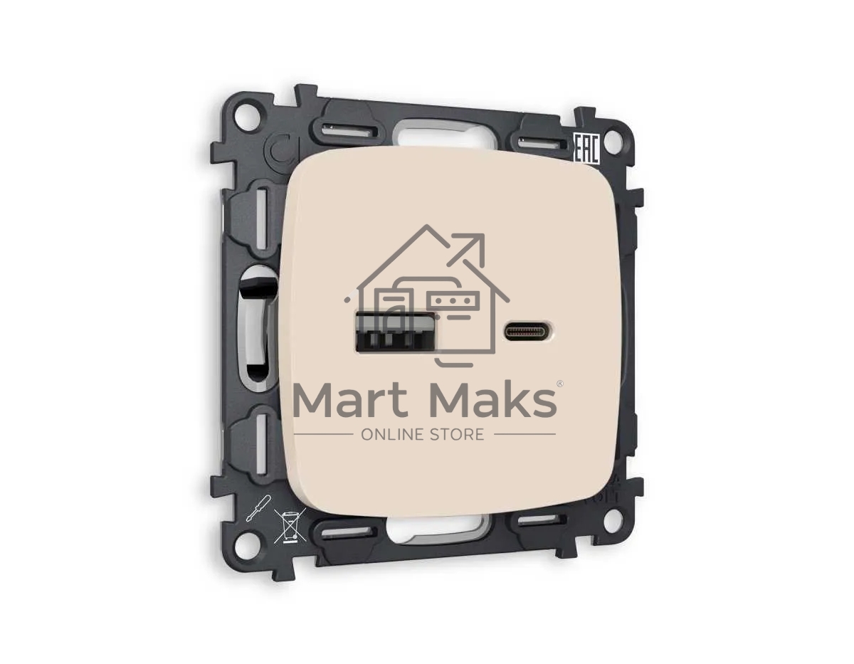 Комплект механизма розетки OMEGA Бежевый матовый 2USB A+C 20W (быстрая зарядка) QUANT (OP3310, VM177) MO331010