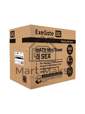 Компьютерный корпус Minitower ExeGate i3 SEA LE-NPX750 (mATX, БП 750NPX, 1*USB+1*USB 3.0, HD аудио, черный, передняя и боковая панели - закаленное стекло)