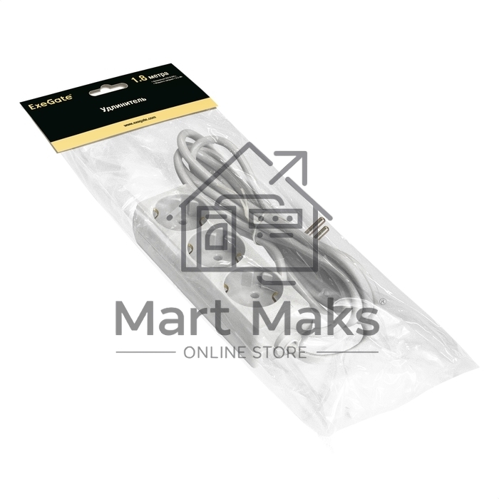 Удлинитель ExeGate ECE-3-1.8W (EX285803RUS), белый, 1.8 м, евровилка с заземлением, 3 евророзетки с заземлением, 2200 Вт