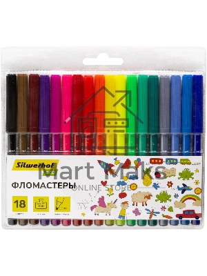 Фломастеры Silwerhof Eco 7.2мм 125мм, круглый корпус, вентилируемый колпачок, 18 цветов, пакет с европодвесом