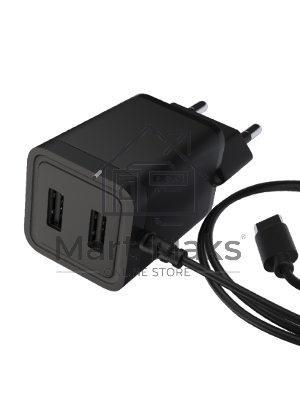 Сетевое зарядное устройство Maxvi A202T 2хUSB 2А 10W + литой кабель Type-C 1.2м, черный