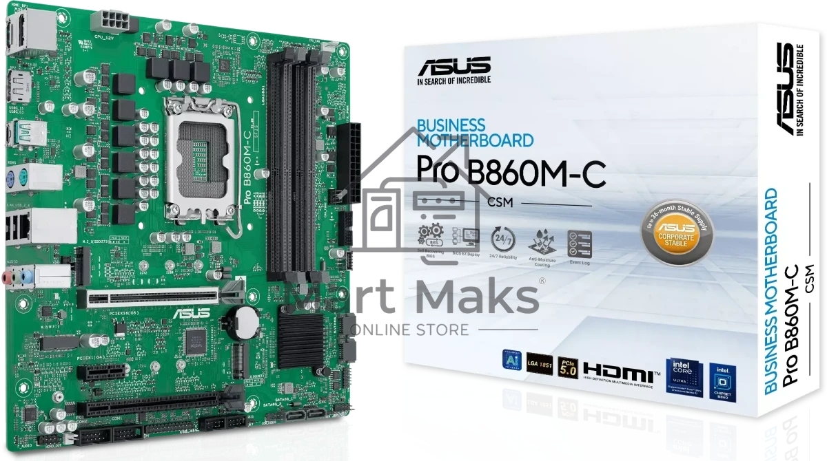 Материнская плата ASUS PRO B860M-C-CSM, LGA 1851, Intel B860, 4xDDR5, 4xSATA, 2xM.2, 1xPCIe 5.0 x16, 1xPCIe 4.0 x16, 1xPCIe 3.0 x1, 1xHDMI, 2xDP, 1x1Gb LAN, 1xUSB-C 10Gbps, 1xUSB-A 10Gbps, 2xUSB-A 2.0, 3x3.5 мм, 7.1, mATX