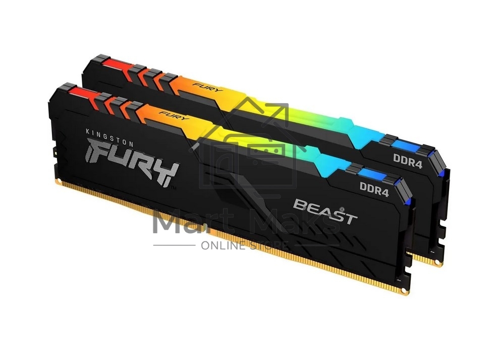 Оперативная память Kingston Fury Beast, DDR4, 16GB (2x8GB), 3200MHz, CL16, DIMM, с радиатором, RGB, черный