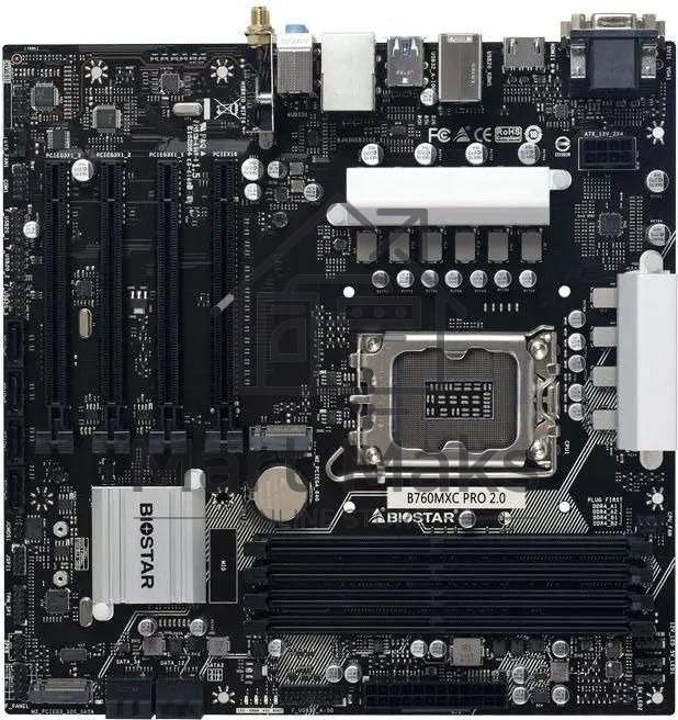 Материнская плата Biostar B760MXC PRO, LGA1700, Intel B760, 4xDDR5, 8xSATA, 2xM.2, 1xPCIe 4.0 x16, DVI-D, HDMI, D-Sub, 1x2.5Gb LAN, 3x3.5 мм, 7.1, microATX