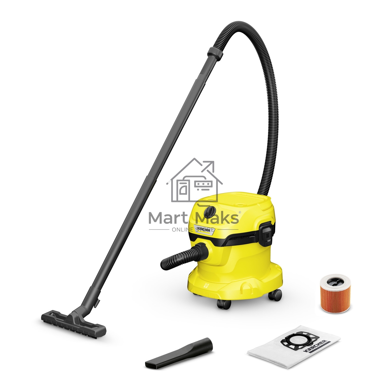 Хозяйственный пылесос Karcher WD 2 Plus V-12/6/18/C желтый, 1000 Вт, уборка сухая/влажная, пылесборник мешок/контейнер, 12 л