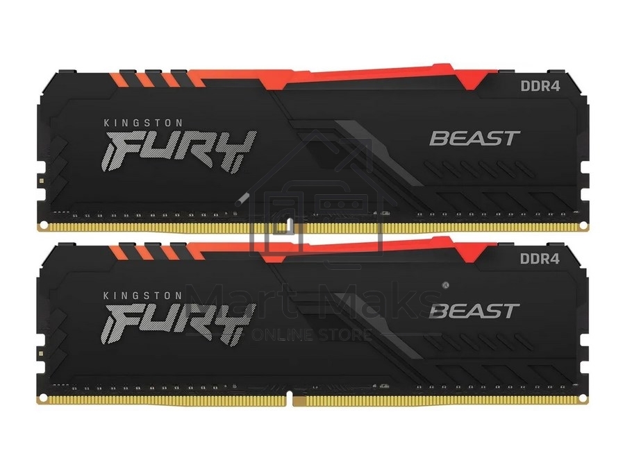 Оперативная память Kingston Fury Beast, DDR4, 16GB (2x8GB), 3200MHz, CL16, DIMM, с радиатором, RGB, черный