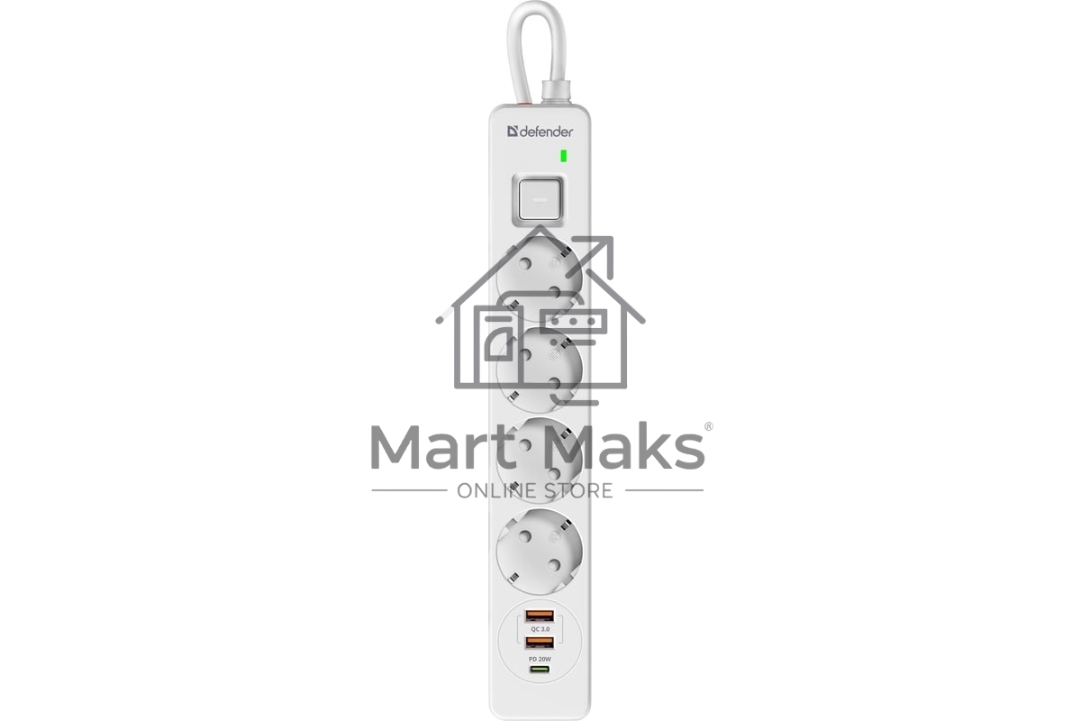 Удлинитель с сетевым фильтром Defender DFS 141, белый, 4розетки, USB+TypeC, 1.5 м.