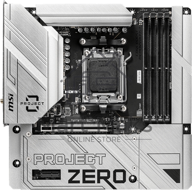 Материнская плата MSI B650M PROJECT ZERO, AM5, AMD B650, 4xDDR5, 4xSATA, 2xM.2, 1xPCIe 4.0 x16, 1xPCIe x1, 1xDP, 1xHDMI, 1x 2.5Gb LAN, 2xUSB-A 2.0, 2xUSB 3.2 Gen 1, 3xUSB 3.2 Gen 2, 3x3.5 мм, 7.1, mATX