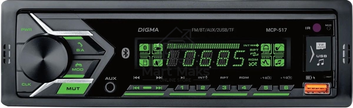 Автомагнитола Digma MCP-517, 1 DIN, Bluetooth, USB Type-A, AUX, пульт ДУ