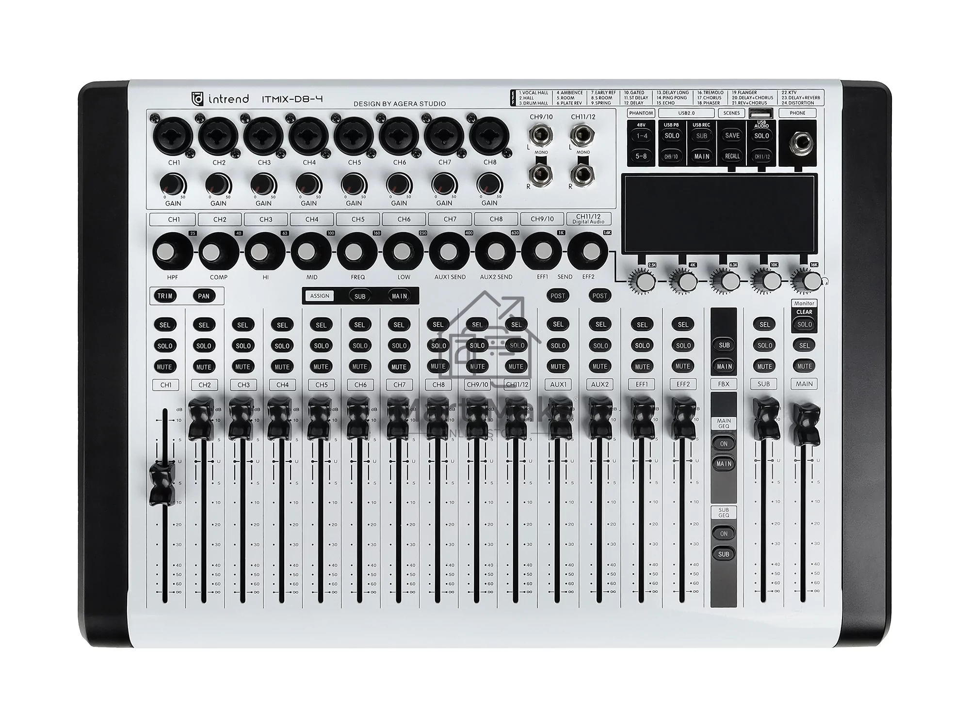 Микшер Intrend ITMIX-D8-4 цифровой, 12 входов (8 аналоговых, 1 стерео, 2 USB), 2 группы, Bluetooth, USB MP3 плеер