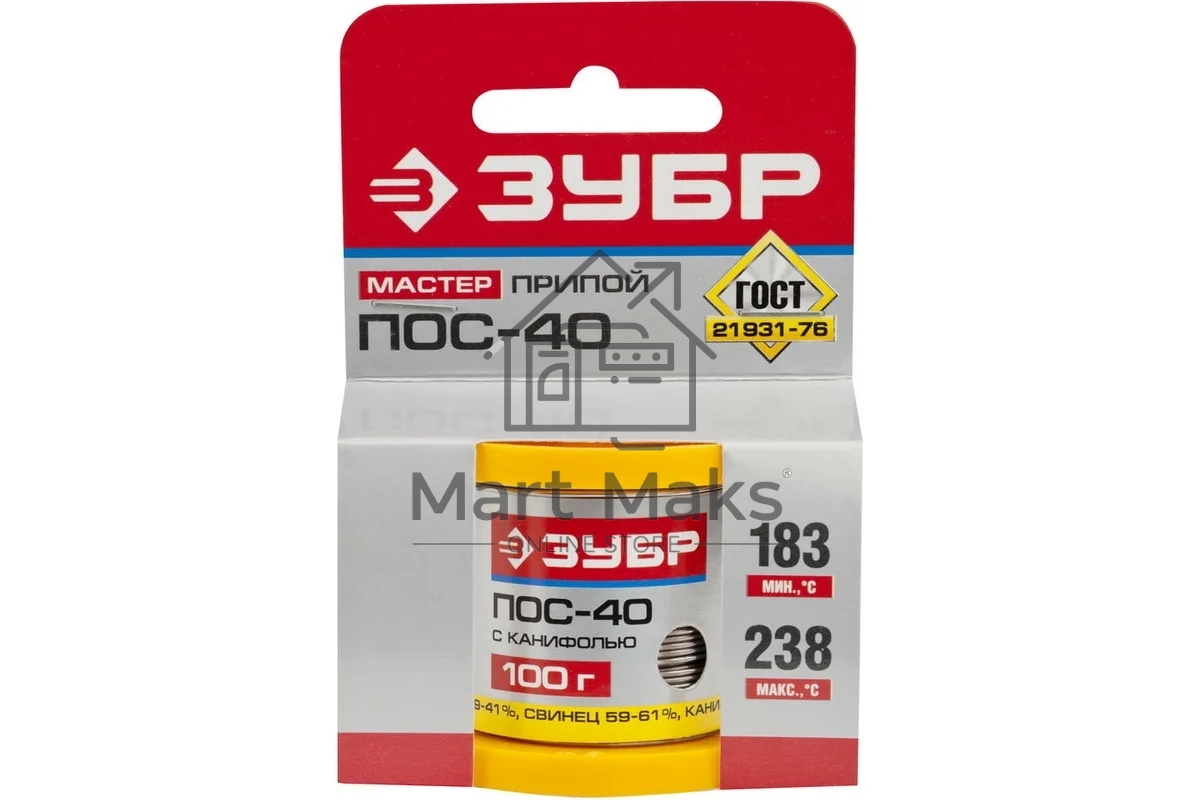 Припой Зубр 55451-100-10C ПОС 40 трубка с канифолью 100г 1мм